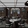 Elegant Restaurant Interior With Dining Tables Gray Chairs Pendant Lights And Table Settings