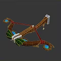 Fantasy Wooden Bow Weapon With Red String Green Leaves Blue Gems And Silver Arrow