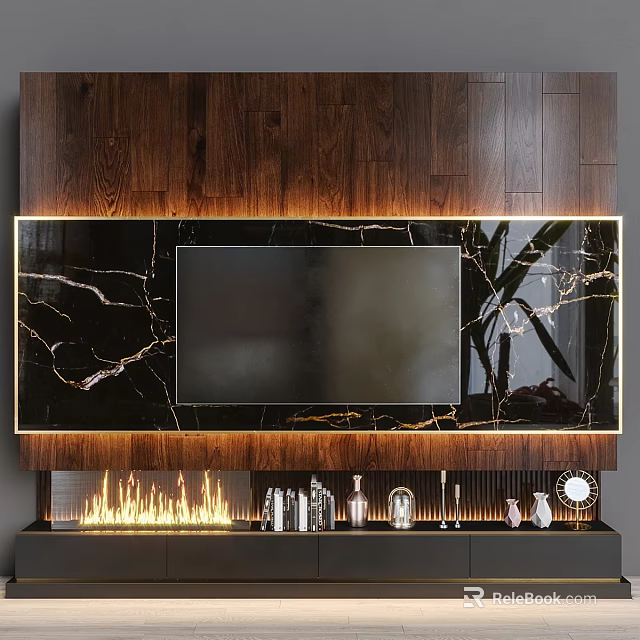 Modern Dark Wood TV Wall With Marble Accent Golden Trim Fireplace And Plant Decor 3d model 
