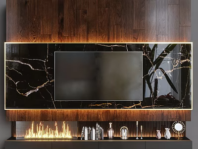 Modern Dark Wood TV Wall With Marble Accent Golden Trim Fireplace And Plant Decor 3d model