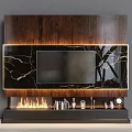 Modern Dark Wood TV Wall With Marble Accent Golden Trim Fireplace And Plant Decor