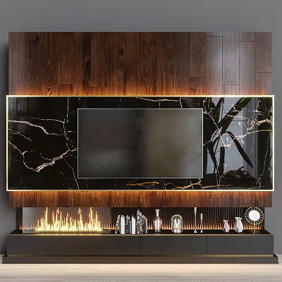 Modern Dark Wood TV Wall With Marble Accent Golden Trim Fireplace And Plant Decor 3d model