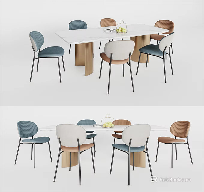 Modern Dining Table Set With Six Various Colored Chairs And White Tabletop 3d model