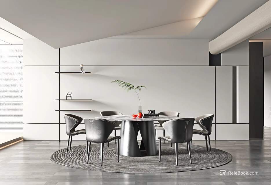 Modern Restaurant Interior With Round Table Black Chairs And Green Plant 3d model 