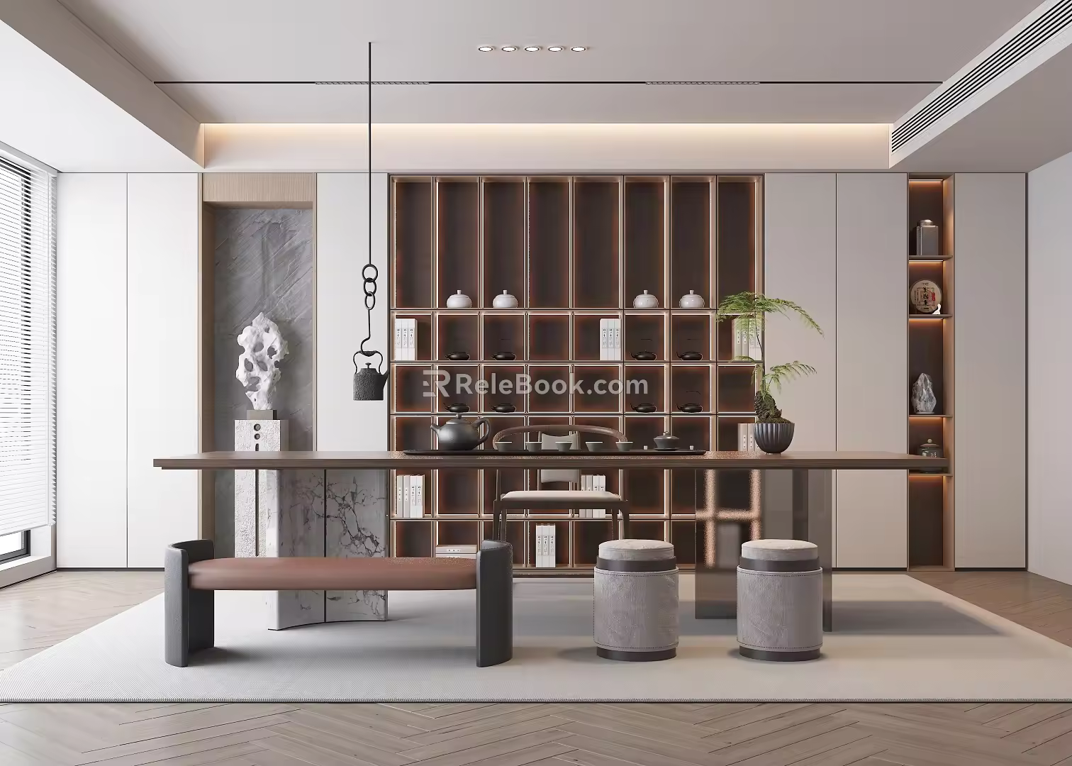 Modern Tea Room Tea Table and Chair Combination Tea Cabinet Carpet Chandelier Green Plant Tea Set Combination 3d model