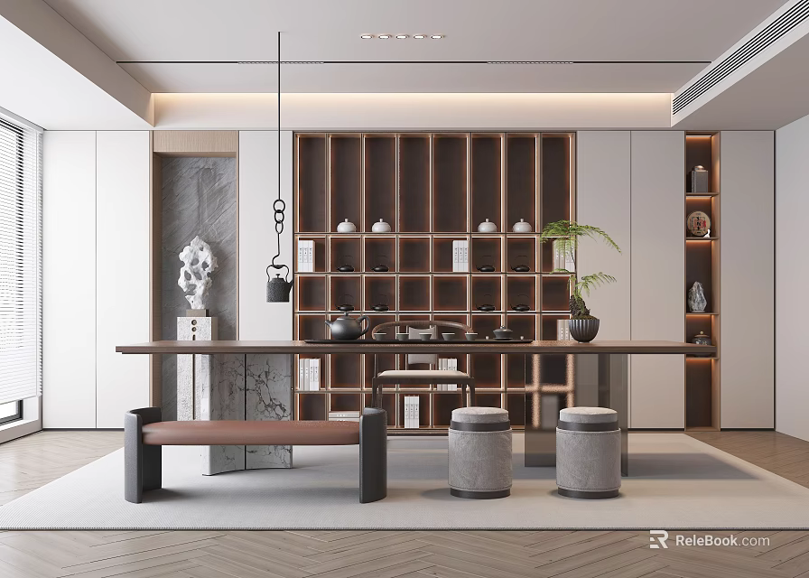 Modern Tea Room With Long Table Stools And Shelves 3d model 