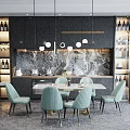 Modern Dining Table Set with Marble Top Light Green Chairs and Gold Legs in Kitchen