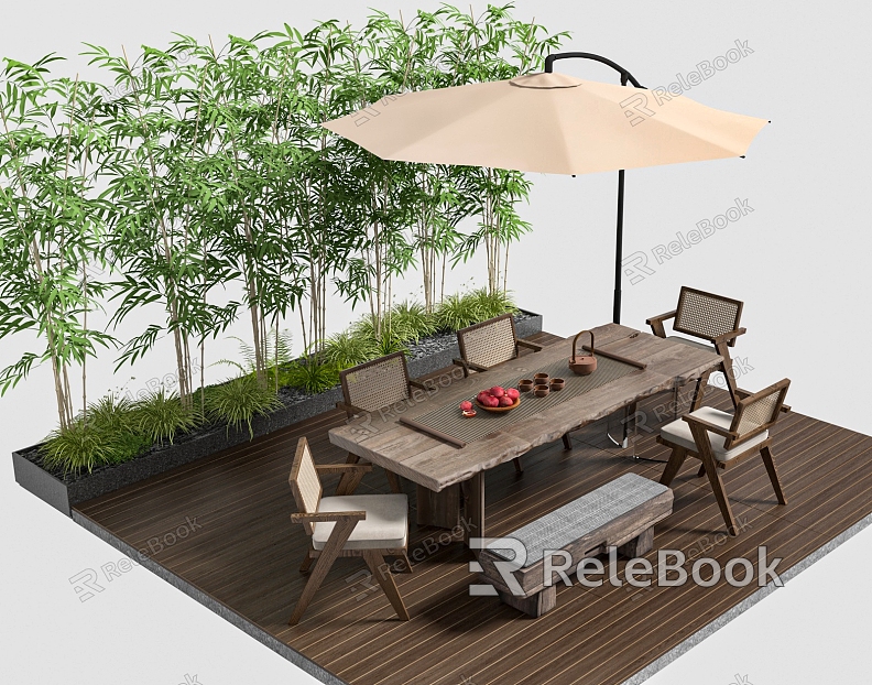 Quiet Ancient Outdoor Leisure Table and Chair Sunshade Bamboo Landscape model