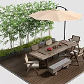 Landscape Seating With Wooden Deck Bamboo Plants Table Chairs Umbrella Bench And Red Fruits