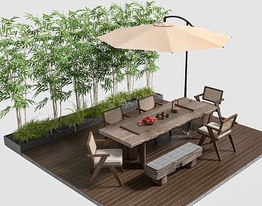 Quiet Ancient Outdoor Leisure Table and Chair Sunshade Bamboo Landscape 3d model