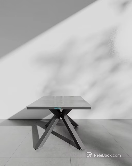 Minimalist Modern Square Dining Table With Glossy Grey Stone Top And Sturdy Cross Metal Base 3d model 