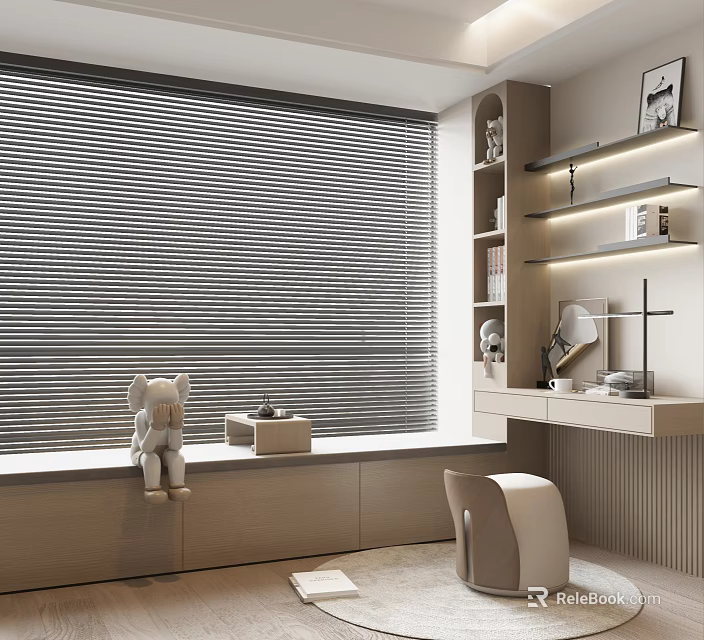 Modern Bay Window with Roller Blinds Built-in Shelves Writing Desk and Decorative Items 3d model 