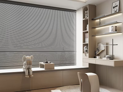 Modern Bay Window with Roller Blinds Built-in Shelves Writing Desk and Decorative Items 3d model