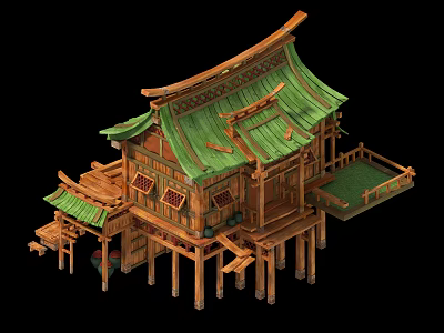 Traditional Wooden Architecture Model With Green Roof Multi level Structure And Wooden Pillars Platform 3d model