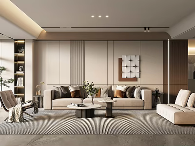 Modern Living Room Interior Design With Neutral Tones Sofa Pillows Coffee Table Rug And Plant 3d model