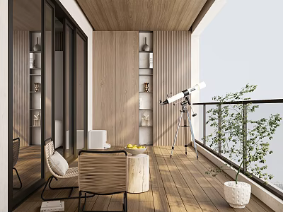 Modern Home Balcony With Wooden Walls Deck Wicker Chairs Telescope And Potted Plant 3d model