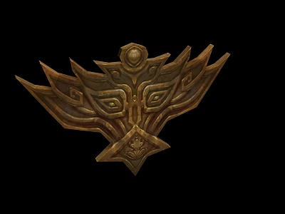 Golden Decorative Emblem Featuring Intricate Patterns And Ancient Mask Design 3d model