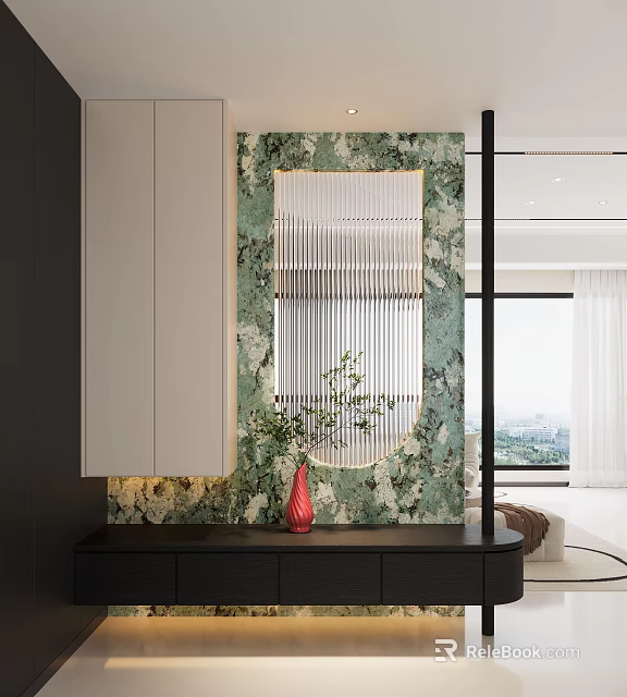 Modern Entryway With Green Patterned Wall Rectangular Mirror Red Vase And Potted Plant 3d model