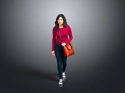Woman In Red Top And Dark Jeans Walking With Brown Handbag On Gray Background 3d model