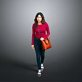 Woman In Red Top And Dark Jeans Walking With Brown Handbag On Gray Background