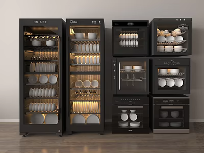 Modern Black Kitchen Appliances With Illuminated Multiple Shelves For Dishes Bowls And Cups 3d model