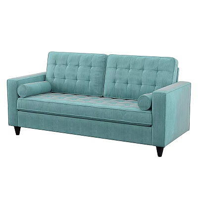 Light Blue Upholstered Two Seater Sofa With Tufted Backrest Cylindrical Armrests And Black Legs 3d model