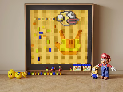 Building Block Artwork Featuring Cartoon Character On Yellow Background With Toy Figures And Scattered Blocks 3d model