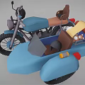 Blue Motorcycle With Sidecar Brown Seats Yellow Cloth And Luggage Packages