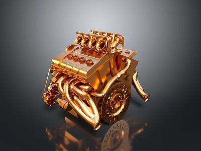 Golden Mechanical Model With Intricate Structure Wheels And Metallic Pipes 3d model