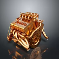 Golden Mechanical Model With Intricate Structure Wheels And Metallic Pipes 3d model