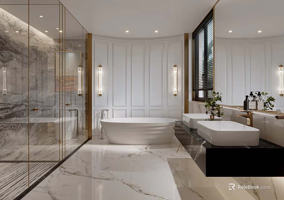 Modern Luxury Bathroom With Marble Walls Floors Bathtub Double Vanities Glass Shower And Wall Sconces 3d model 