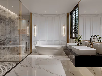 Modern Luxury Bathroom With Marble Walls Floors Bathtub Double Vanities Glass Shower And Wall Sconces 3d model