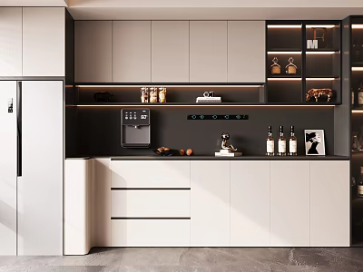 Modern Kitchen Sideboard With White Cabinets Black Countertop Storage Shelves And Decorative Items 3d model