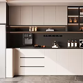 Modern Kitchen Sideboard With White Cabinets Black Countertop Storage Shelves And Decorative Items