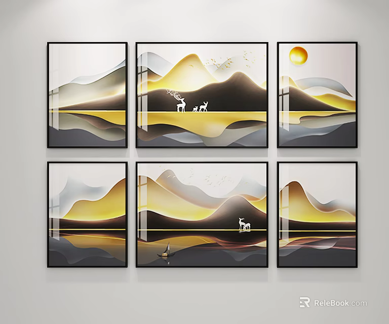 Modern Abstract Landscape Wall Art with Golden Mountains Sun Deer and Minimalist Design 3d model 