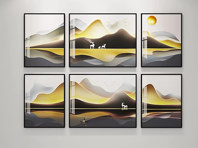 Modern Abstract Landscape Wall Art with Golden Mountains Sun Deer and Minimalist Design 3d model