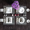 Dining Tableware Set with Plates Napkins Candles and Purple Flowers Vase Glassware