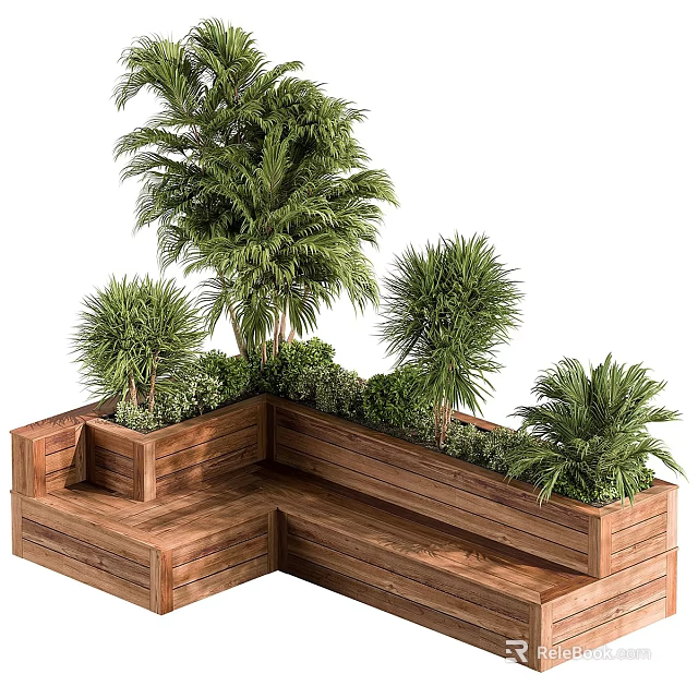 Outdoor Wooden Corner Tree Planter With Lush Green Plants And Shrubs 3d model 