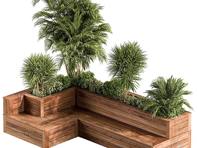 Outdoor Wooden Corner Tree Planter With Lush Green Plants And Shrubs 3d model