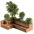 Outdoor Wooden Corner Tree Planter With Lush Green Plants And Shrubs
