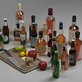 Various Alcohol Bottles Arranged With Fresh Fruits Kitchen Knife And Cutting Board