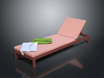 Pink Lounge Chair With Wooden Frame And Green White Towels On Gray Background 3d model