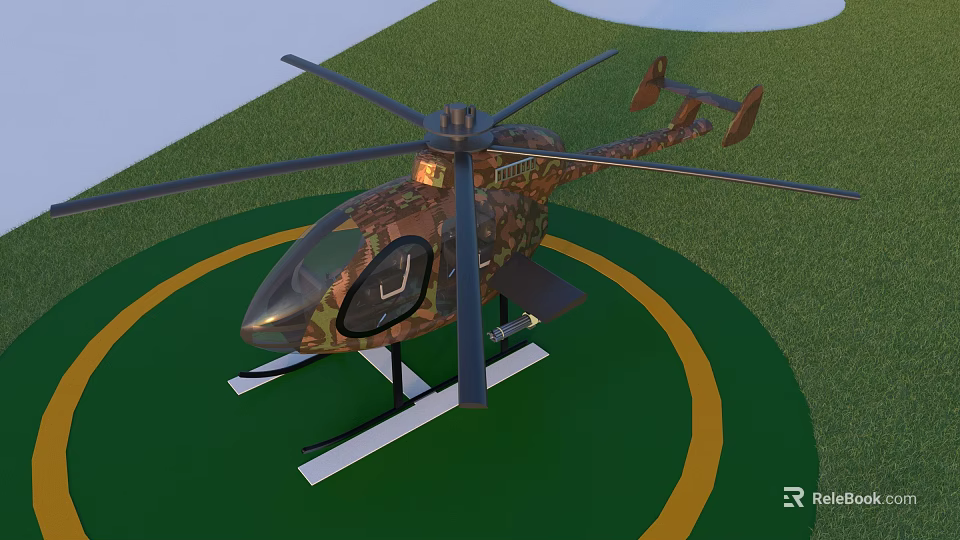 Camouflage Helicopter Parked On Green Helipad With Yellow Circle Marking And Rotors 3d model 