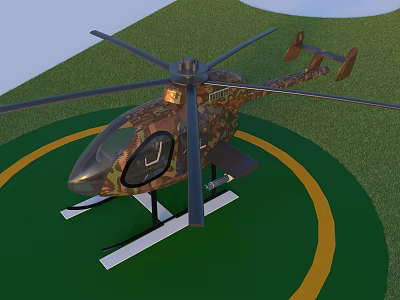 Camouflage Helicopter Parked On Green Helipad With Yellow Circle Marking And Rotors 3d model