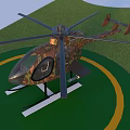 Camouflage Helicopter Parked On Green Helipad With Yellow Circle Marking And Rotors