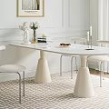 Elegant White Dining Table Set With White Chairs Decorative Statue Wall Art And Striped Rug