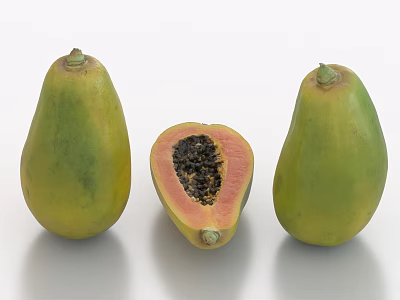 Fresh Ripe Papayas Displayed As Whole And Cut Open With Pink Flesh And Black Seeds 3d model