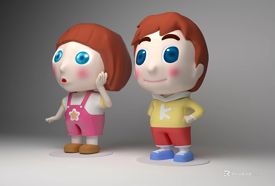 Cute Red Hair Dolls With Blue Eyes Pink Overalls And Yellow Tops 3d model 