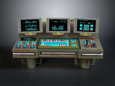 Vintage Industrial Control Panel With Three Screens Green Charts Text Buttons And Knobs 3d model