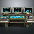 Vintage Industrial Control Panel With Three Screens Green Charts Text Buttons And Knobs